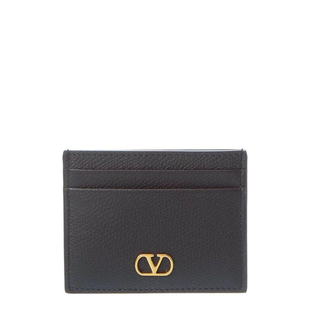 Valentino Vlogo Signature Leather Card Holder, Black